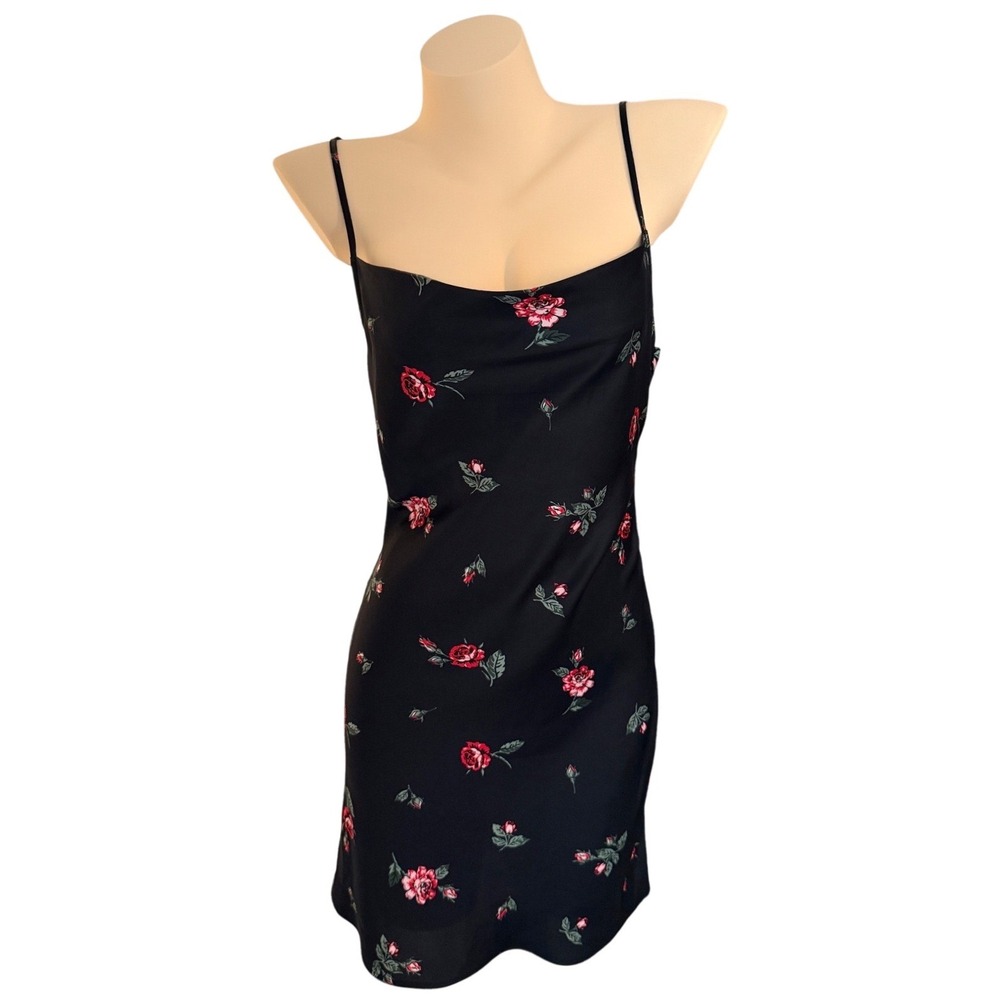 Nordstrom BP Black Floral Rose Cowl Neck Mini Slip Dress Sz S Satin Finish VTG